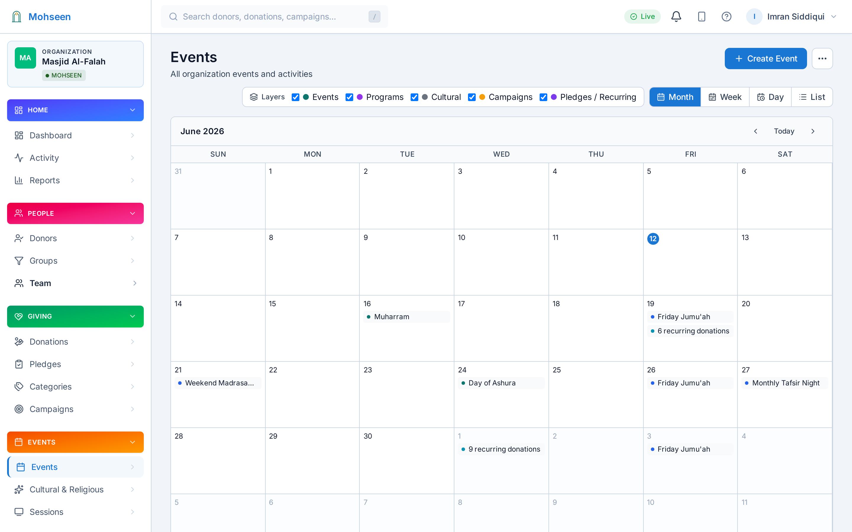 Events calendar in the Mohseen dashboard